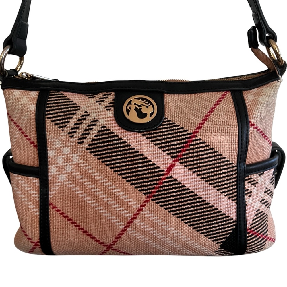 Spartina 449 Tilfair Simple Zip Peach Linen Plaid Black Leather Trim Purse Bag